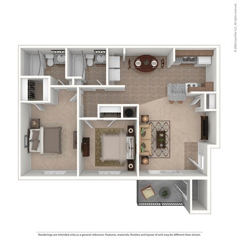 a stylized floor plan with a bedroom and living room